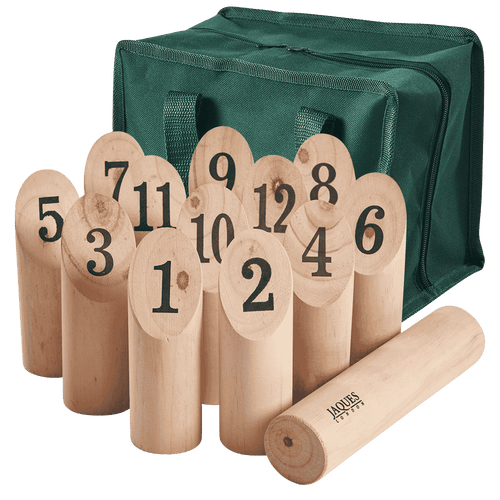 Wooden numbered game sticks with a dark green carrying bag, photographed on a clean white background. The bag has the brand name JAVEL printed on it.