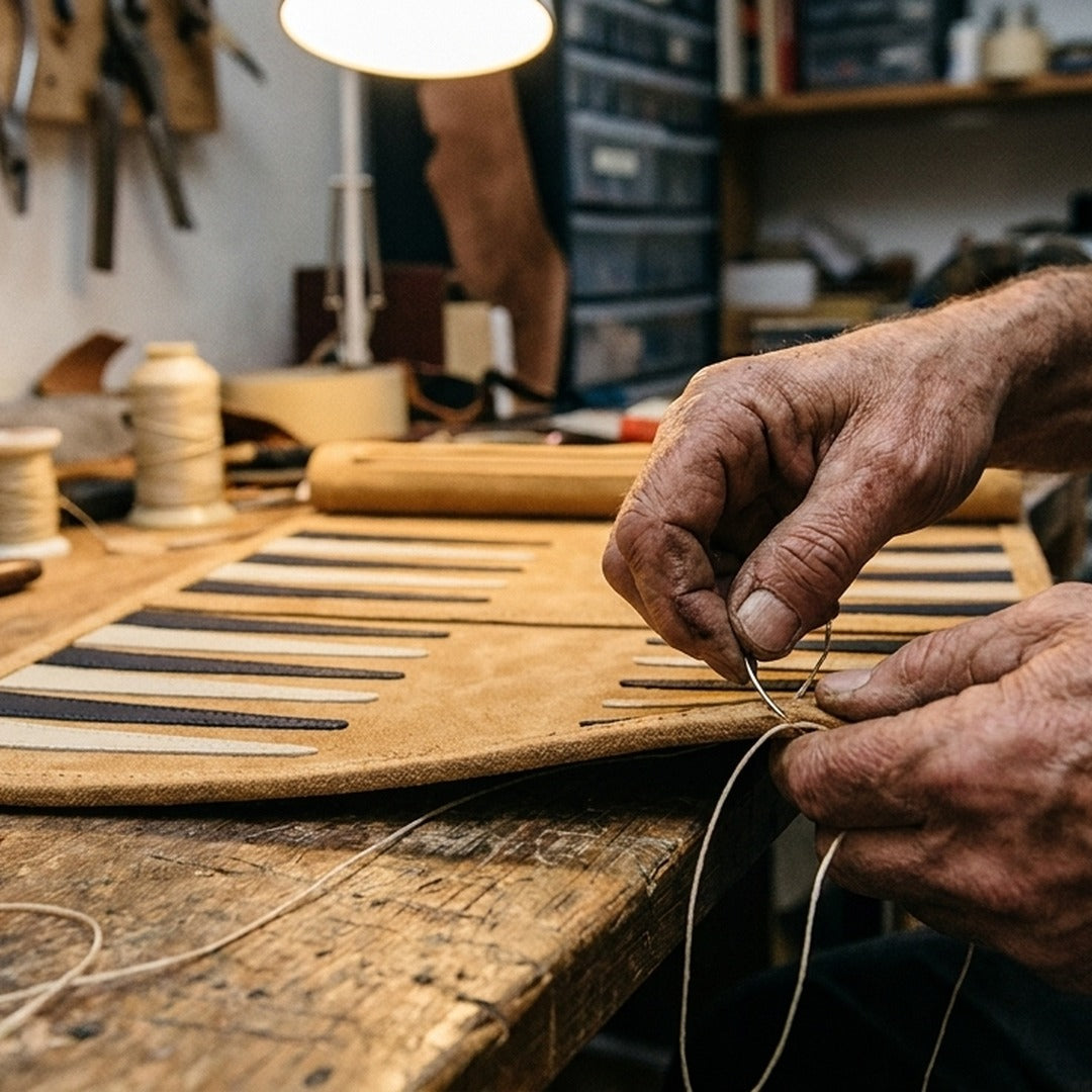 A craftsman's hands hand-stitching the tan leather backgammon board with waxed thread