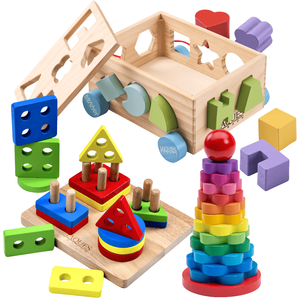 Wooden educational toy with shape sorting and stacking components on a clear background