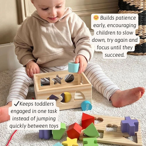 Child playing with wooden shape sorting toy on the floor 