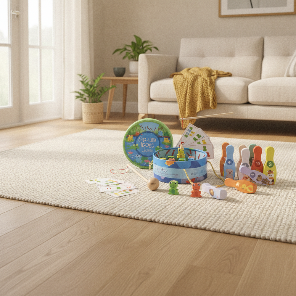 Wooden Animal Games bundle in a family living room