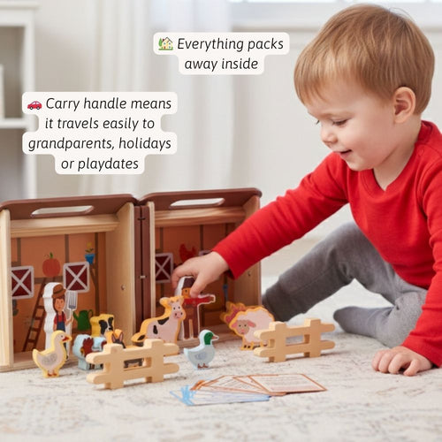 Child playing with a wooden toy farm set on a light-coloured floor. 