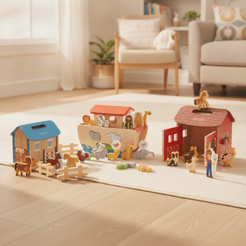 Wooden animal toys toddler bundle on a play mat 