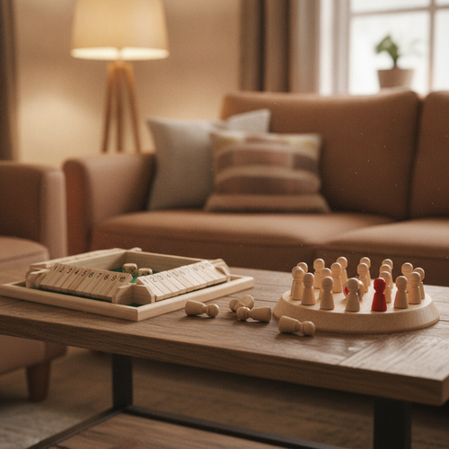 Wooden family games set on a coffee table 