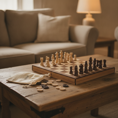 Chess and draughts bundle on a coffee table 