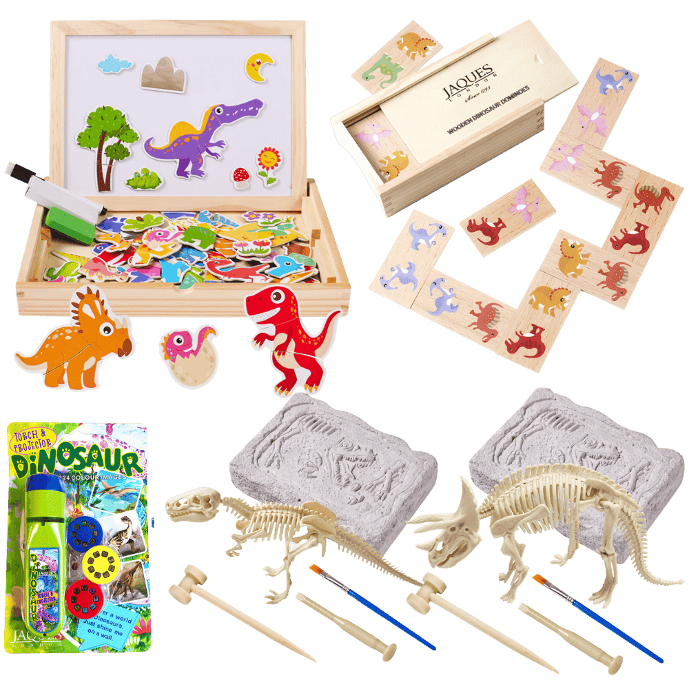 Collection of educational toys including a magnetic board, wooden puzzle, and dinosaur excavation kit on a white background. 