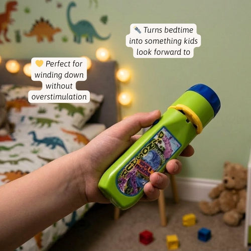 Hand holding a green toy flashlight in a child's bedroom with dinosaur room. 