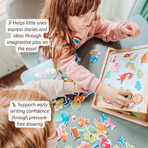 Child playing with colourful magnetic letters on a table, with text about imaginative play and early writing confidence. 
