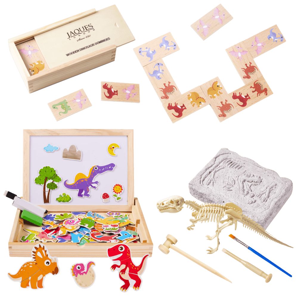 Collection of wooden toys including a puzzle, magnetic set, and dinosaur skeleton model on a green background.
