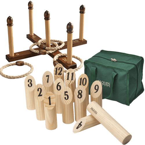 Wooden ring toss game set with numbered wooden pegs and a carrying bag on a white background