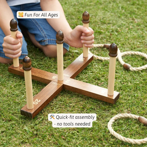 Children playing with a wooden ring toss game on grass  