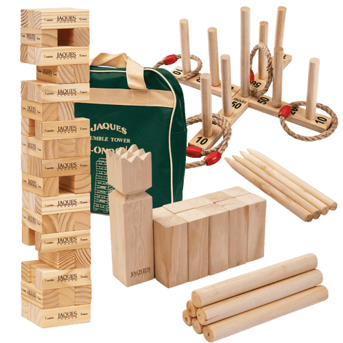 Collection of wooden games including Jenga,umble tower, and other components on a green background