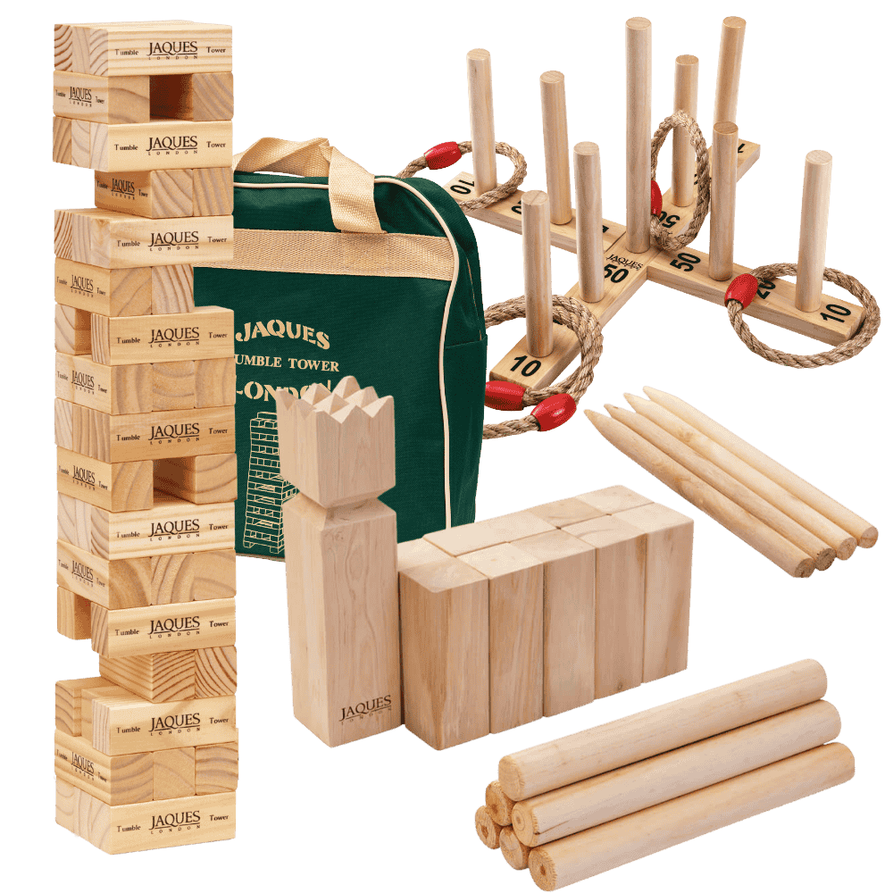 Collection of wooden games including Jenga,umble tower, and other components on a green background
