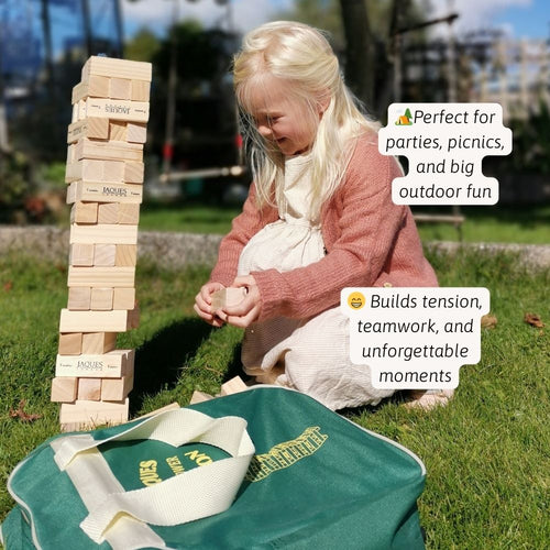 Child playing with Jenga outdoors, surrounded by text about the game's benefits. 