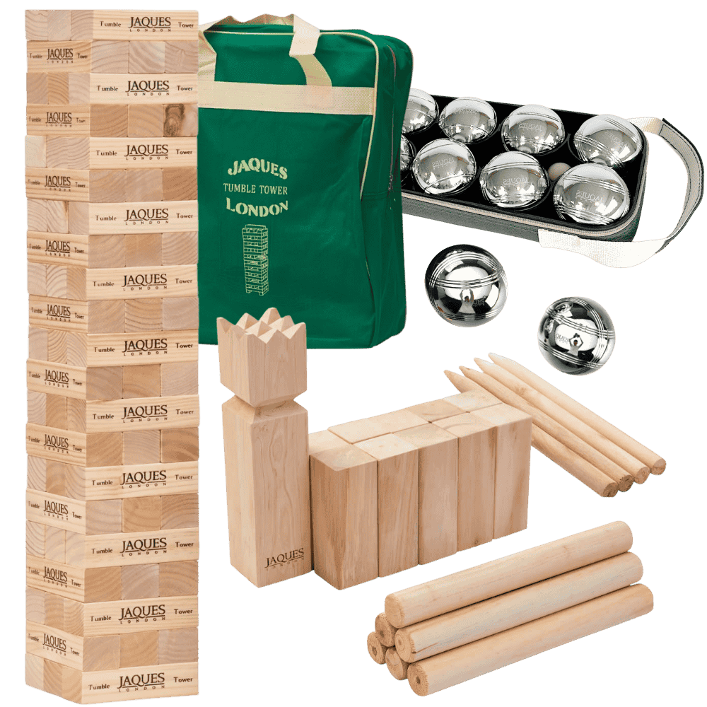 Collection of Jaques outdoor games including Jenga, Tumble Tower, and other components on a white background.