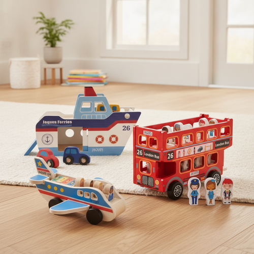 Wooden Transport toy set in a family living room