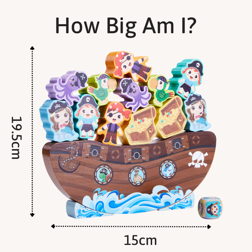 Toy pirate ship with character figures and measurements on a white background 