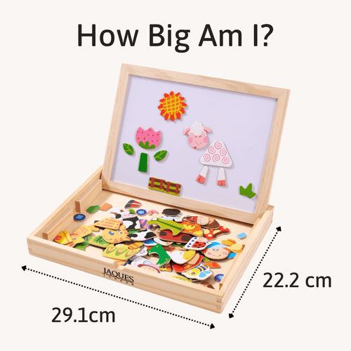 Wooden puzzle with magnetic pieces and a frame showing measurements. 