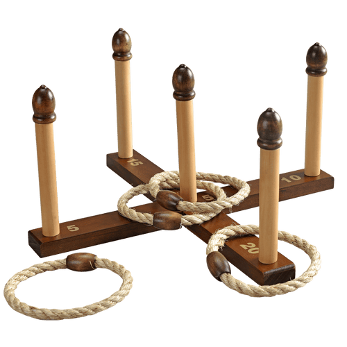 Wooden ring toss game with five vertical wooden poles on a wooden cross base, featuring cream-colored rope rings with dark brown wooden ends and numbered scoring zones on the base.