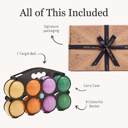 A product flatlay showing a boules set with all included items displayed in a gift box. 
