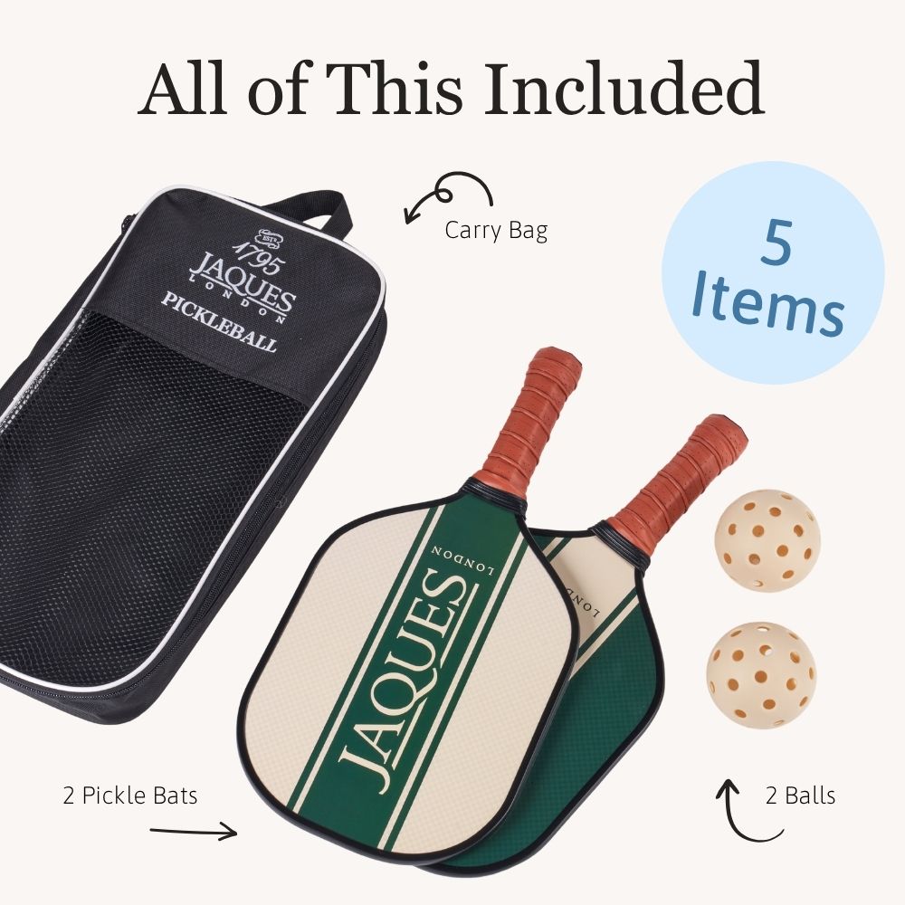 Pickleball set with two paddles, two balls, and a carry bag labeled 'Jaques'. 