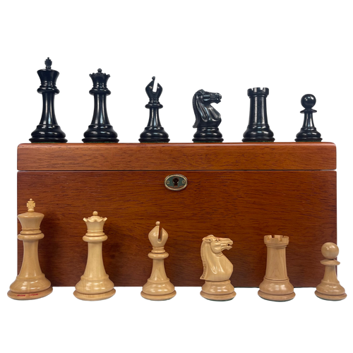 Wooden chess set with black and white pieces on a white background