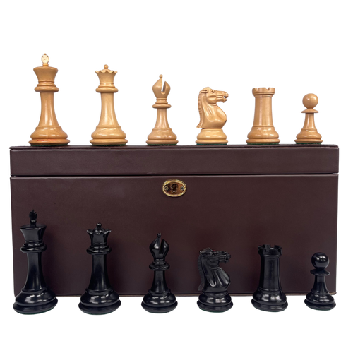 Wooden chess pieces with a brown storage box on a white background