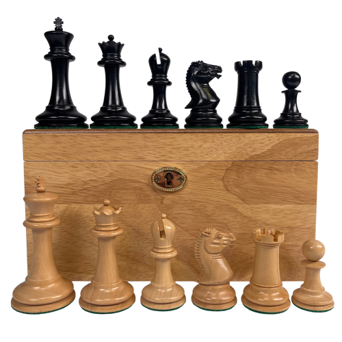 Wooden chess set with black and natural pieces on a white background