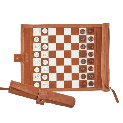 Roll-up travel chess set with leather board and wooden storage case including 34 chess pieces. [fill]