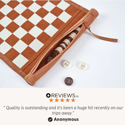 Roll-up leather travel chess board with wooden chess pieces, compact design for home or travel. 