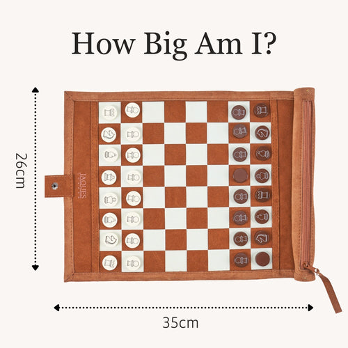 Dimensions of the roll-up travel chess set measuring approximately 35 cm wide and 26 cm tall. 