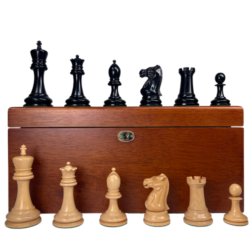 Wooden chess set with black and white pieces on a white background