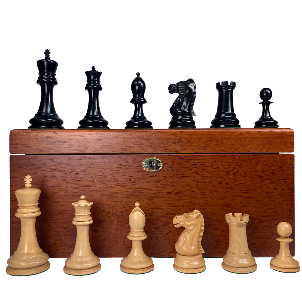 Wooden chess set with black and white pieces on a white background