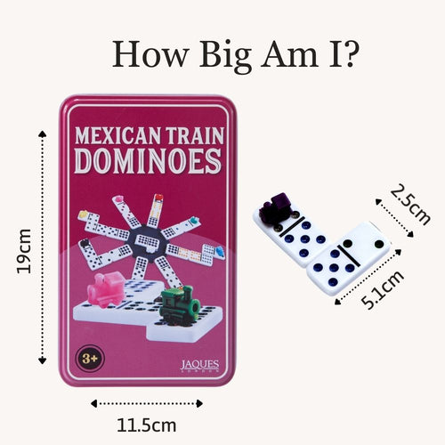 Mexican Train dominoes tin showing size dimensions and included tiles 