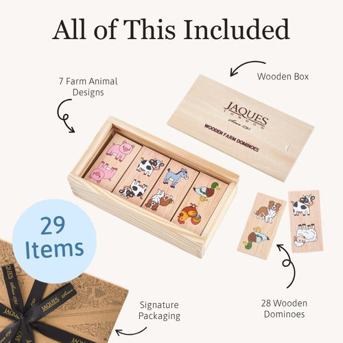 Promotional graphic for the Jaques Wooden Farm Dominoes set, showing the wooden box, open box with 7 illustrated wooden animal pieces, two loose pieces, a blue circle reading '29 Items,' and signature packaging on a light beige background with text labels. 