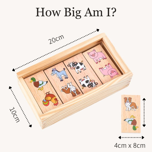 A wooden children's puzzle box labeled 'How Big Am I?' with illustrated animal tiles inside a light natural wood tray. Black dotted measurement arrows and text show dimensions of 20cm by 10cm, plus a smaller inset showing a dog tile dimension of 4cm x 8cm. 