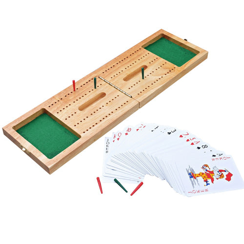 A wooden cribbage game set with green felt playing surfaces, playing pieces, and a fan of playing cards on a plain white background. [fill]