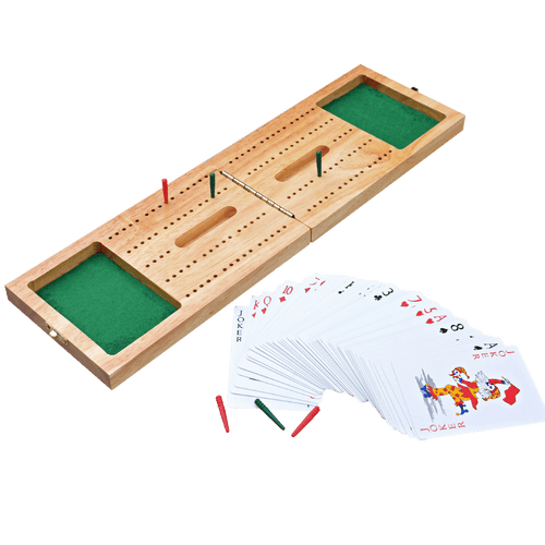 A wooden cribbage game set with green felt playing surfaces, playing pieces, and a fan of playing cards on a plain white background. [fill]