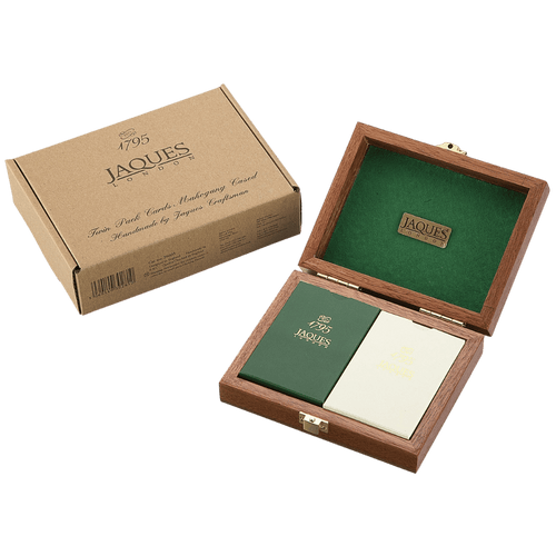 Jaques Conde Two Pink Cards Makingup Card set shown with its brown cardboard packaging box and an open wooden presentation box containing a green velvet-lined interior, a green card, and a cream-colored card.