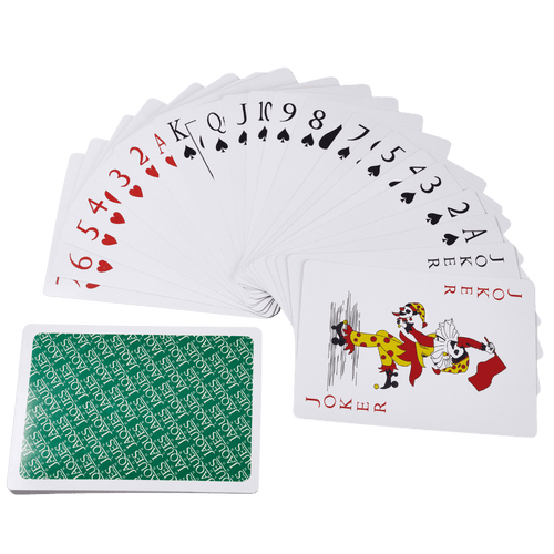 Playing cards with joker card on a green background [fill]