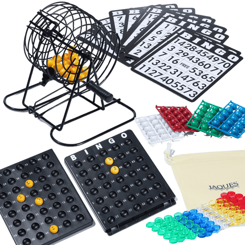 Bingo game set with balls, cards, and boards on a green background [fill]