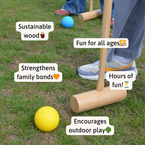 Close-up of two players’ feet on the grass with croquet mallets and coloured balls, surrounded by labels such as “Sustainable wood,” “Fun for all ages,” “Encourages outdoor play,” “Strengthens family bonds,” and “Hours of fun.” 