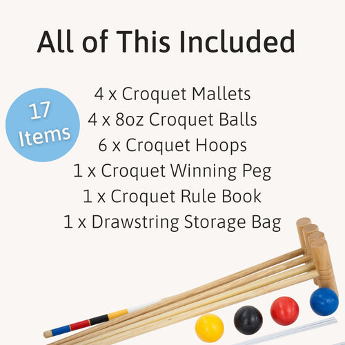 Display of the Jaques of London Tonbridge Croquet Set contents with text reading “All of This Included – 17 Items,” listing mallets, balls, hoops, rule book, winning peg, and drawstring bag. 
