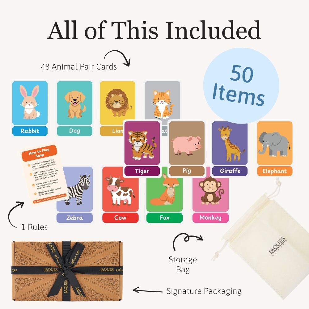 A product bundle graphic for an animal-themed card game, showing multiple colourful animal pair cards, a rules card, a gift box with a black ribbon, and a cream drawstring storage bag on a light background. Text reads 'All of This Included,' '48 Animal Pair Cards,' '50 Items,' '1 Rules,' and 'Signature Packaging.