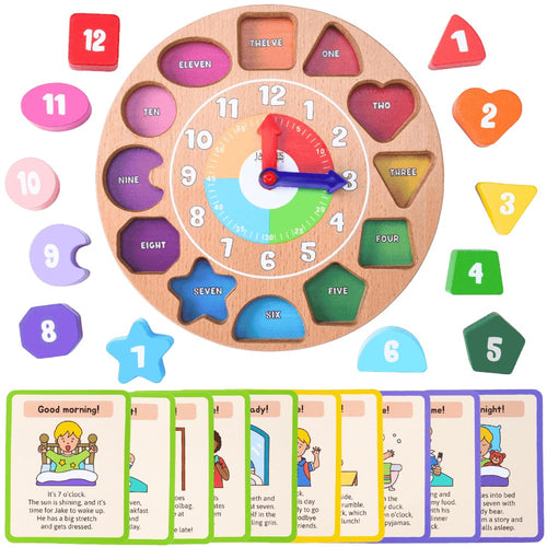 Wooden educational clock with colourful numbers and shapes, accompanied by matching flashcards on a green background. [fill]