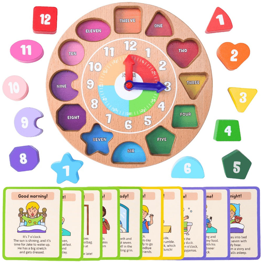 Wooden educational clock with colourful numbers and shapes, accompanied by matching flashcards on a green background. [fill]