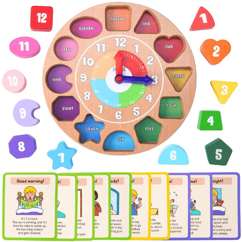 Wooden educational clock with colourful numbers and shapes, accompanied by matching flashcards on a green background. 