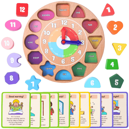 Wooden educational clock with colourful numbers and shapes, accompanied by matching flashcards on a green background. 
