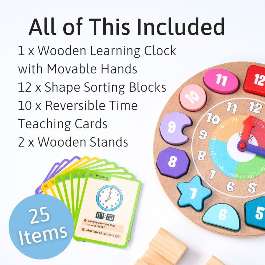 Wooden learning clock with movable hands, shape sorting blocks, reversible time teaching cards, and wooden stands on a white background. [fill]