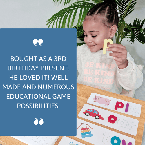 Child playing with educational game pieces on a table with a blue text box review and green plants in the background. 